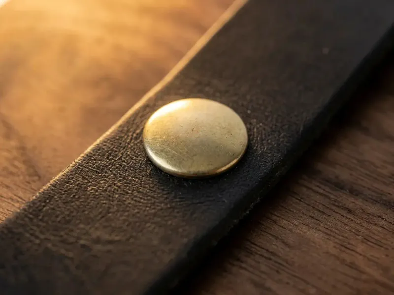 Close-up of solid brass snap and American latigo leather strap on the Heirloom Vault deck box