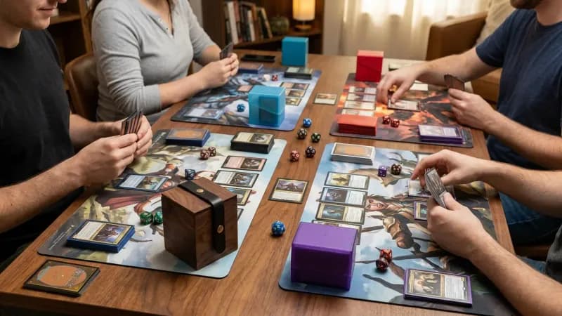 Heirloom Vault wooden deck box at a Commander game night table