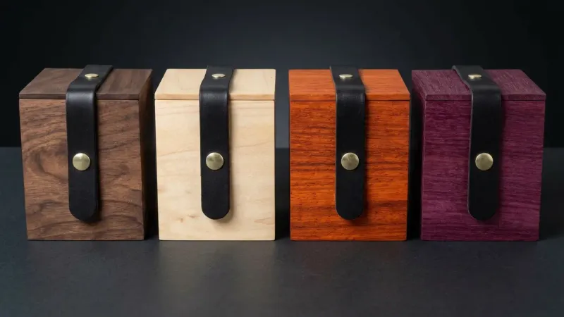 Heirloom Vault deck box available in walnut, maple, padauk, and purpleheart hardwoods