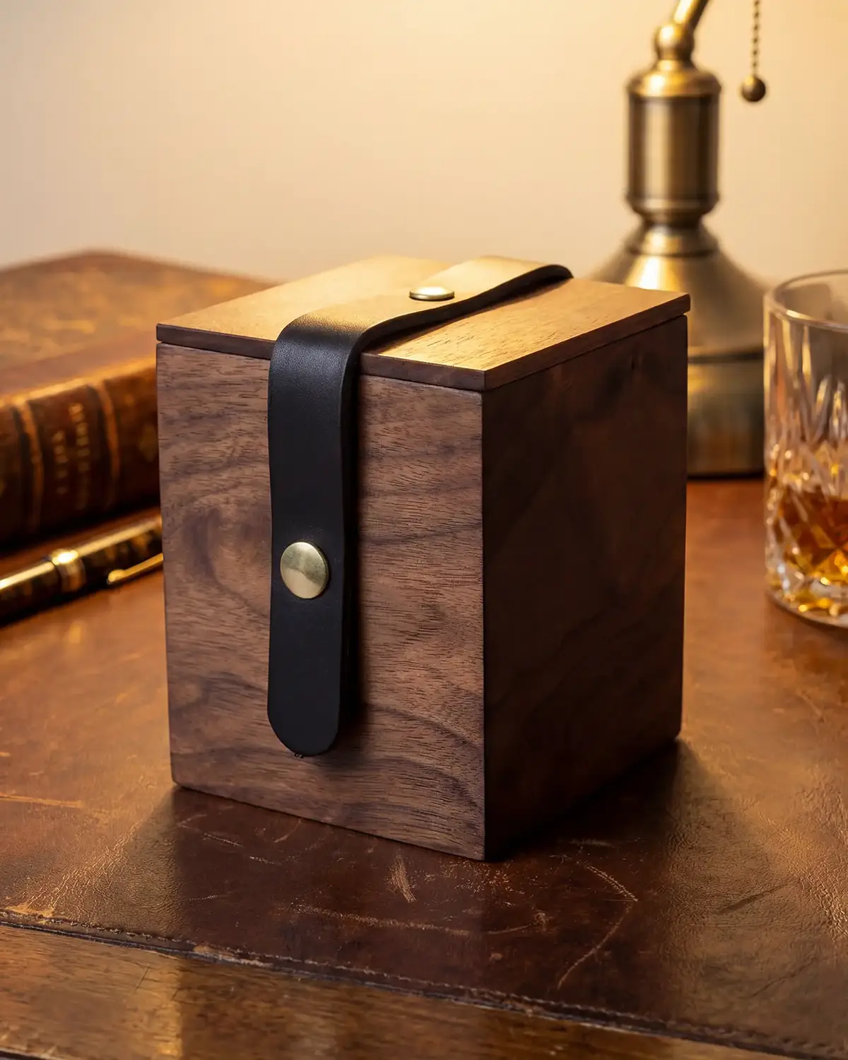 Artifact Armory handcrafted MTG accessories collection featuring the Heirloom Vault wooden deck box, leather, and brass