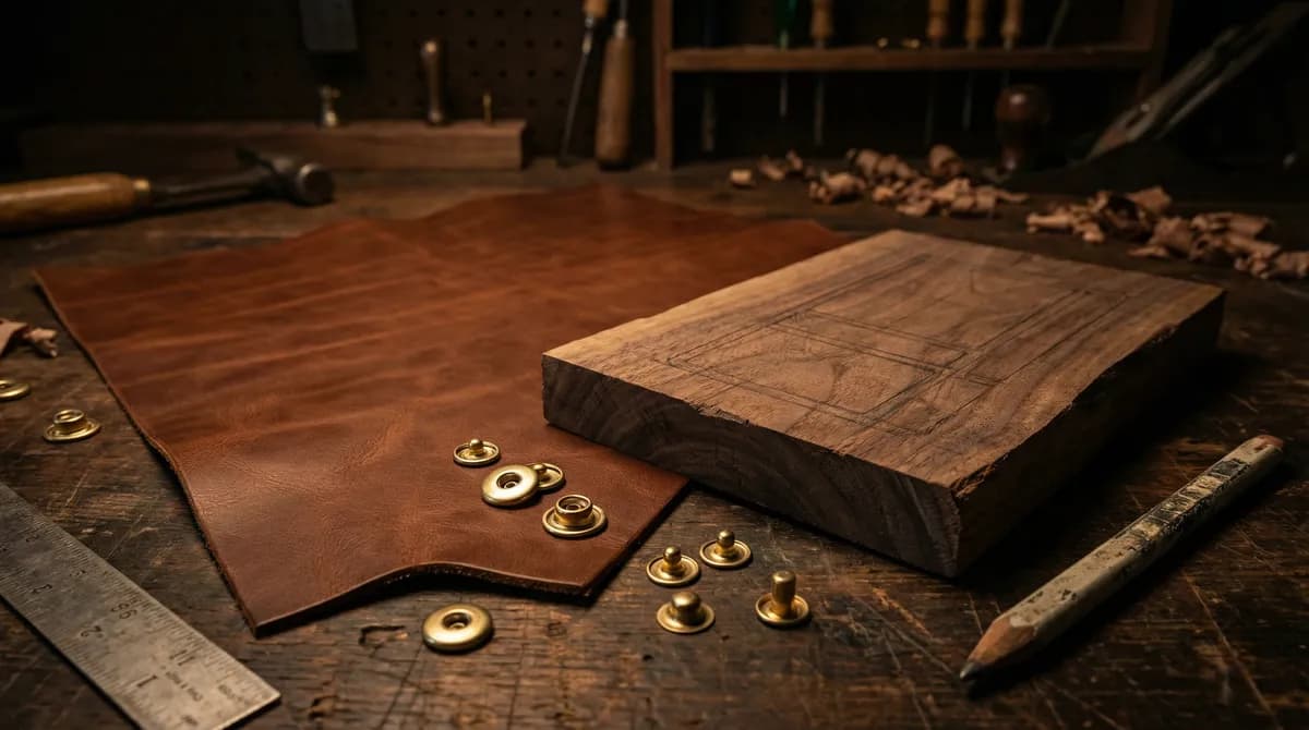 Upcoming Artifact Armory MTG accessories including leather playmats and wooden dice trays, in development