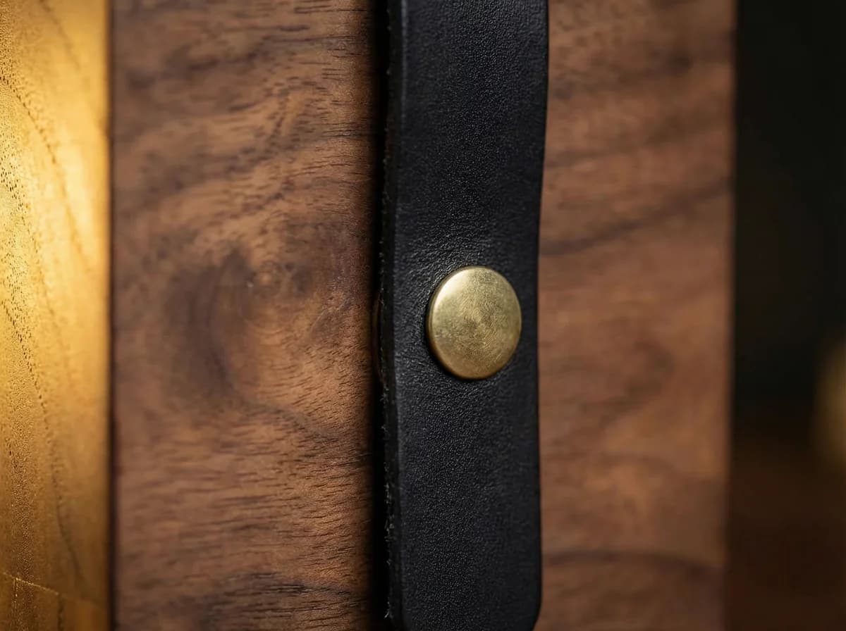 Close-up detail of handcrafted wooden MTG deck box showing walnut wood grain, latigo leather strap, and brass snap hardware