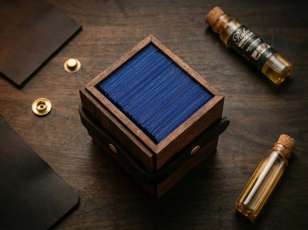 Open handcrafted wooden deck box with double-sleeved Commander cards inside, surrounded by leather and brass MTG accessories materials