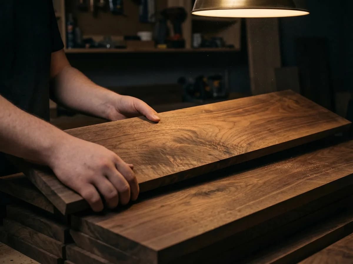 Hands laying out walnut boards on the shop bench
